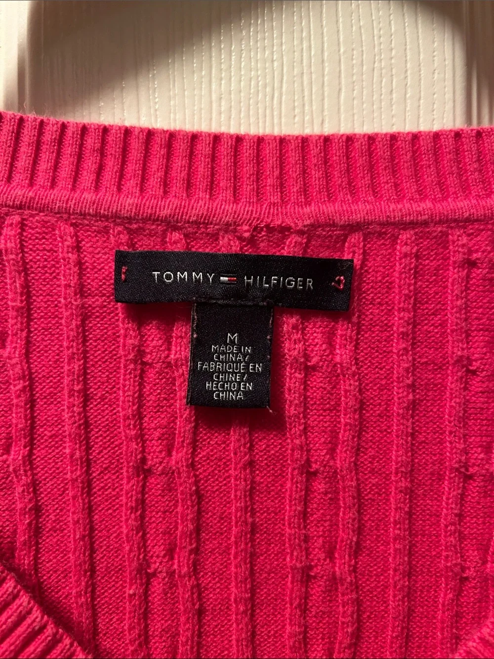 Tommy Hilfiger Bright Pink Cable V-Neck Sweater Medium